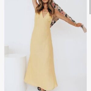 vrg girl yellow hold on bias linen dress!
